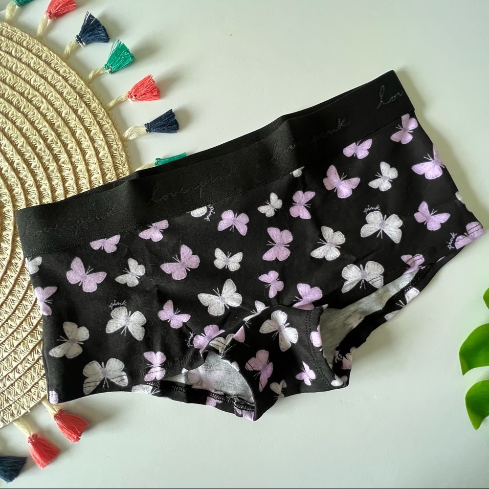 Victoria's Secret PINK Logo Boyshort Panty Black w Butterfly Graphic XL NEW
